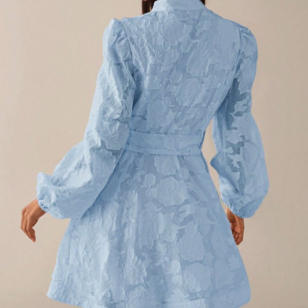 Baby Blue Elegant Women's A-Line Puff Sleeve Short Dress with Stand Collar - Picture 2 of 7